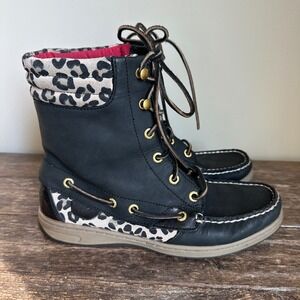 Sperry Top-Sider‎ Women's Black Leather Leopard Lace Up Boots - 7.5